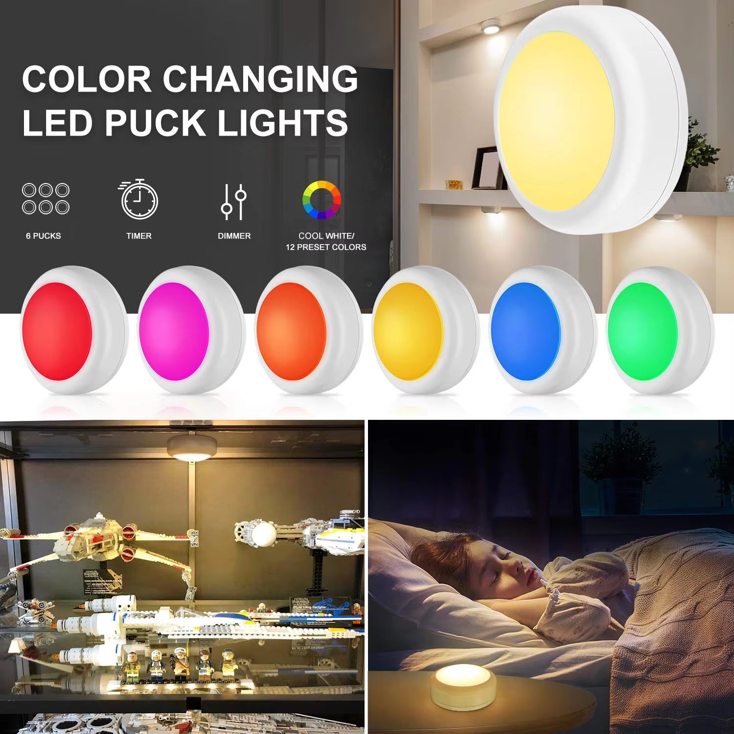 LED Puck Light – Battery Powered, Remote Control, 13 Colors