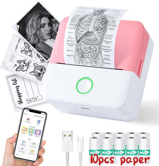 Portable Thermal Mini Printer | Inkless Bluetooth Sticker Maker with 10 Paper Rolls – Pink - NexGen Gadgets