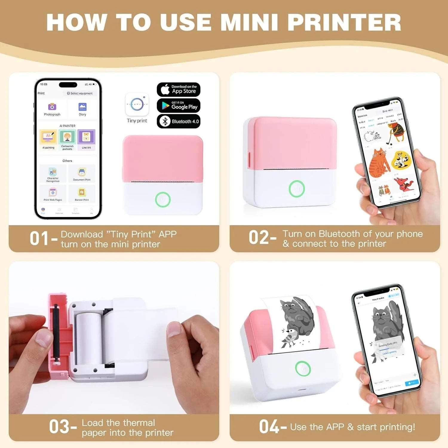 Portable Thermal Mini Printer | Inkless Bluetooth Sticker Maker with 10 Paper Rolls – Pink - NexGen Gadgets