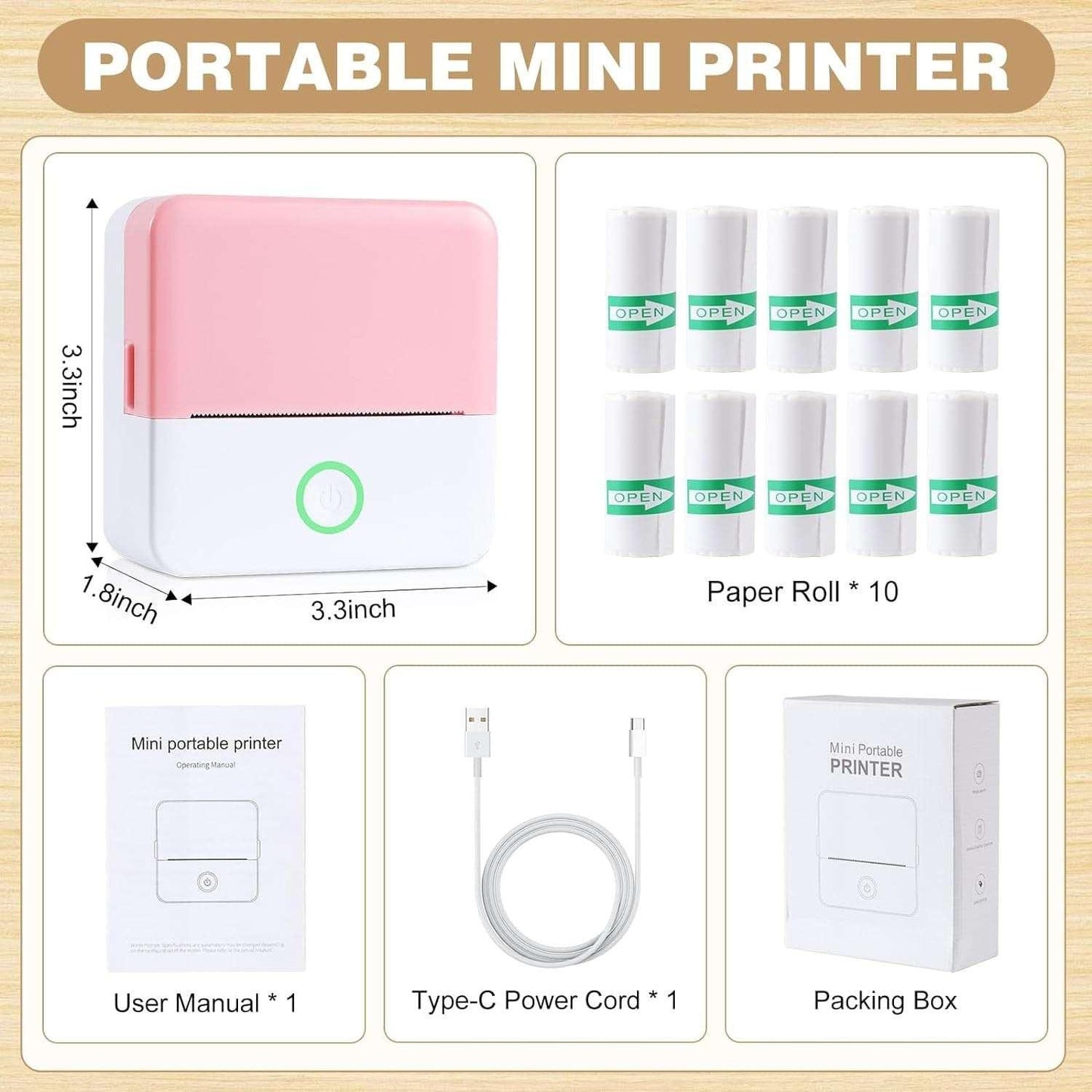 Portable Thermal Mini Printer | Inkless Bluetooth Sticker Maker with 10 Paper Rolls – Pink - NexGen Gadgets